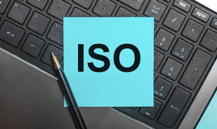 Foto el teclado de la computadora tiene un bolígrafo y una etiqueta azul con el texto iso. endecha plana.