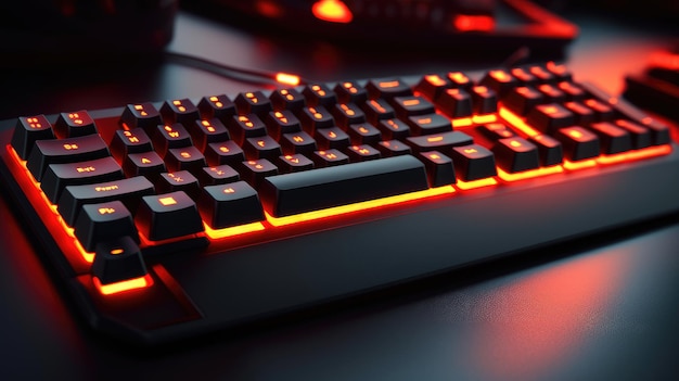 Teclado de computador com luzes led neon em um fundo escuro