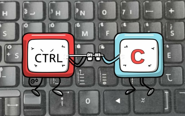 Foto teclado de computador de fundo e destacando as teclas com o texto ctrl e c