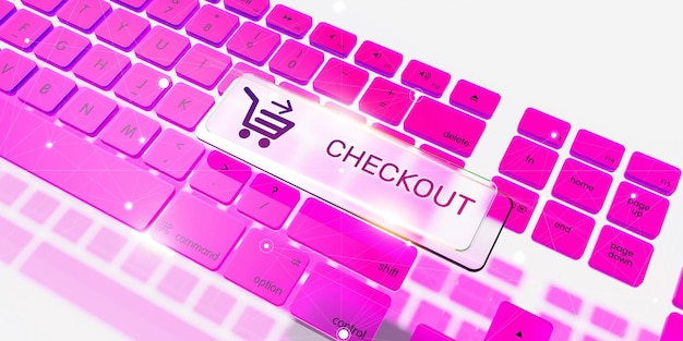 Teclado de computador, ícone de checkout e conceito de compras online.