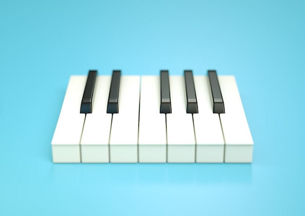 Teclado de piano. Ilustração 3D em fundo azul com foco seletivo