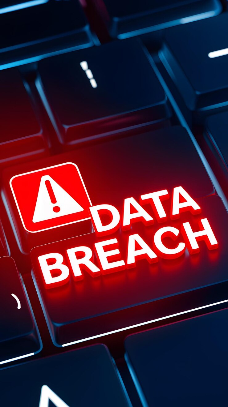 Foto teclado digital con rojo advertencia de violación de datos amenaza de ciberseguridad telón de fondo de pantalla móvil vertical
