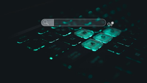 Teclado e iconos para buscar Representa el concepto de búsqueda de información del concepto de motor de búsqueda de redes informáticas