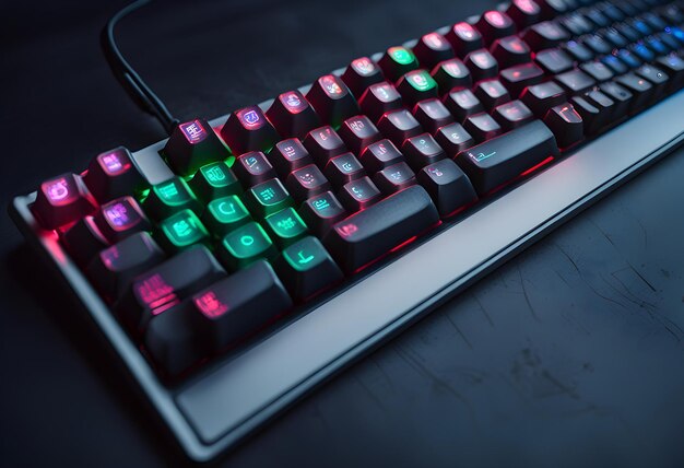 Foto teclado empoeirado retroiluminado com botões rgb coloridos