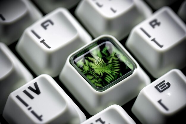 Un teclado con una hoja de palma en el medio.