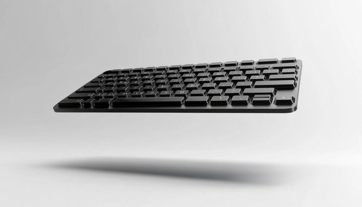 un teclado con las letras c en él está en una superficie blanca