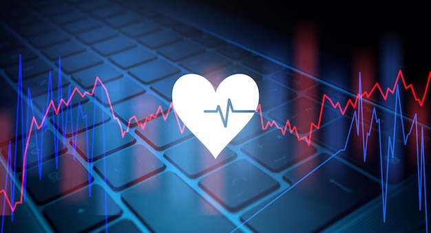 Teclado con luz azul y pulso cardíaco Concepto de solución médica para el cuidado de la salud