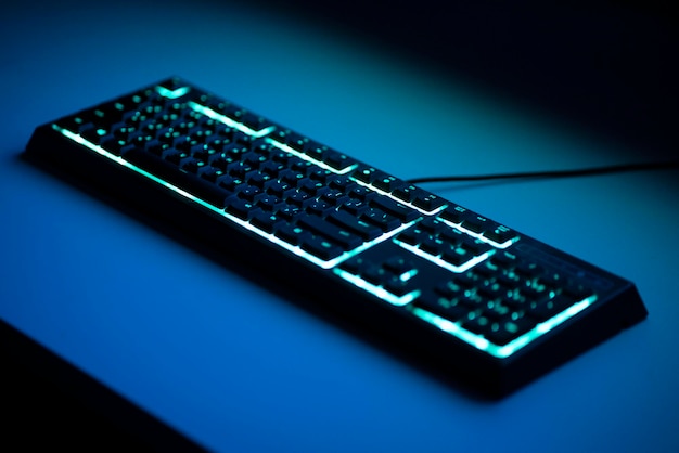 Teclado mecánico para juegos con retroiluminación led rgb en la mesa por la noche