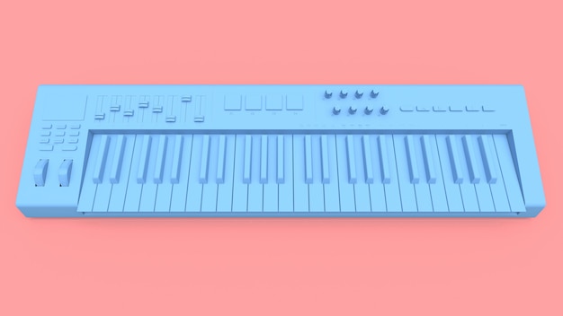 Teclado MIDI sintetizador azul sobre fondo rosa. Primer plano de teclas de sintetizador