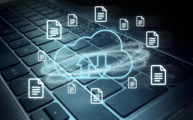 Teclado oscuro con diagrama de computación en la nube Tecnología en la nube Almacenamiento de datos Redes e Internet