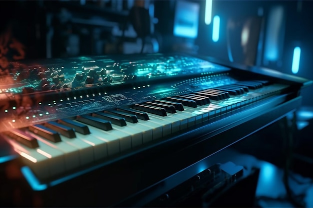 Teclado de piano con iluminación de luces de neón Concepto musical cyberpunk de fondo de piano Ilustración de alta calidad