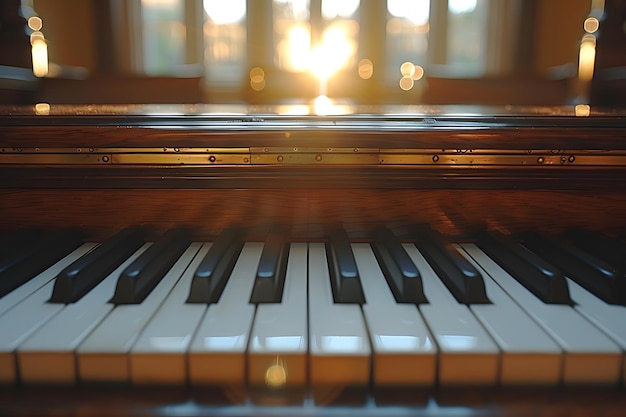 El teclado de piano iluminado por el sol de cerca