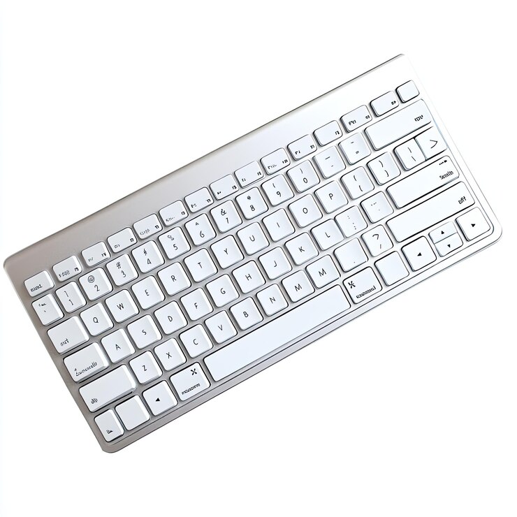 un teclado plateado con fondo blanco en él