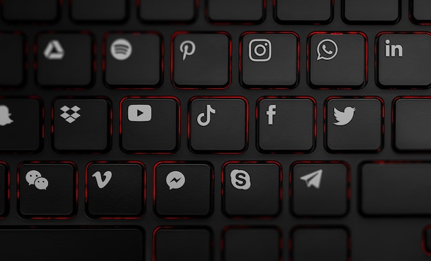 teclado preto para pc com ícones de redes sociais