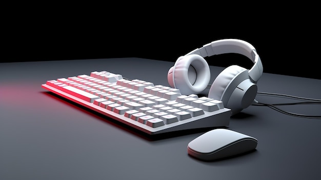 Foto teclado de ratón 3d y auriculares con estilo de fondo minimalista