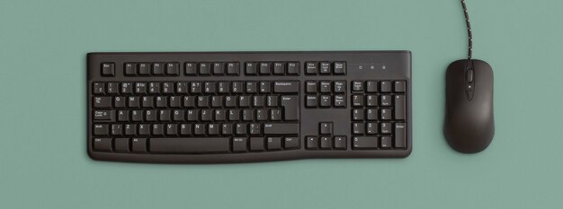 Foto teclado y ratón de computadora negro sobre fondo verde