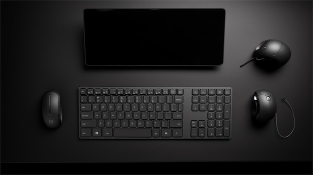 Teclado y ratón de la computadora sobre un fondo negro Vista superior Ilustración vectorial