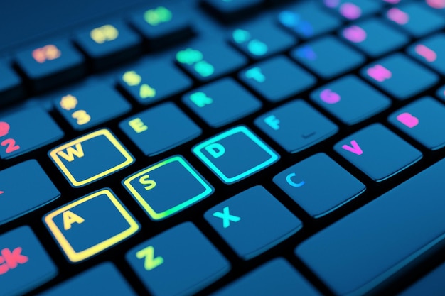 Foto teclado rgb de computadora sobre fondo negro representación 3d de equipo de transmisión y concepto de espacio de trabajo para jugadores