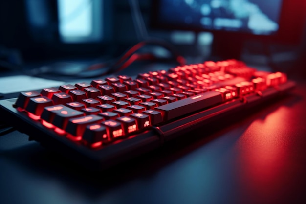 Un teclado rojo con una luz encendida