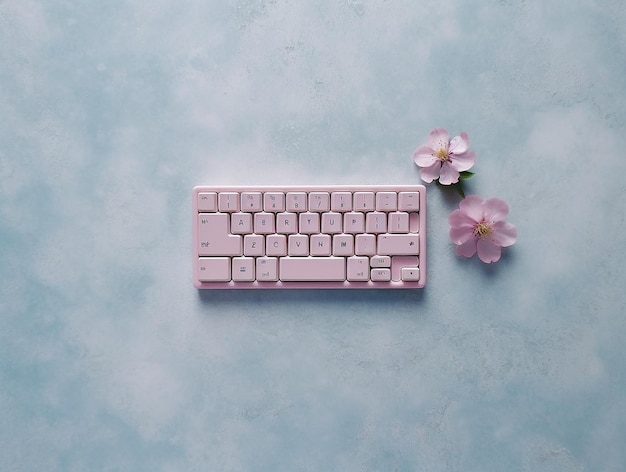 Un teclado rosa con un teclado blanco sobre un fondo azul con flores rosas.