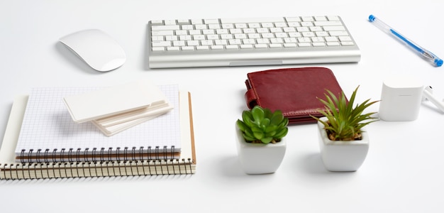 Teclado sem fio branco, uma pilha de cadernos, plantas verdes em vasos e um mouse, local de trabalho