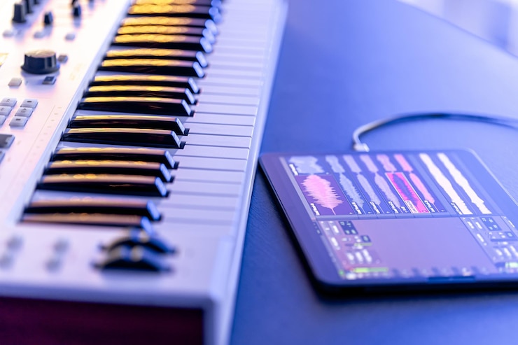 Foto las teclas musicales y una tableta con un lápiz en la mesa