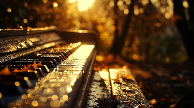 Foto las teclas del piano están mojadas por la lluvia y el sol brilla a través de los árboles creando un hermoso efecto bokeh dorado