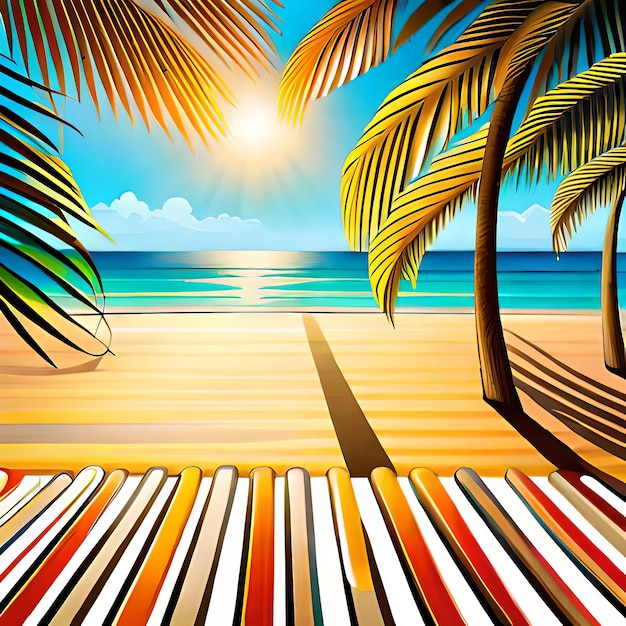 Teclas de piano en la playa con palmeras y el sol detrás de ellas.
