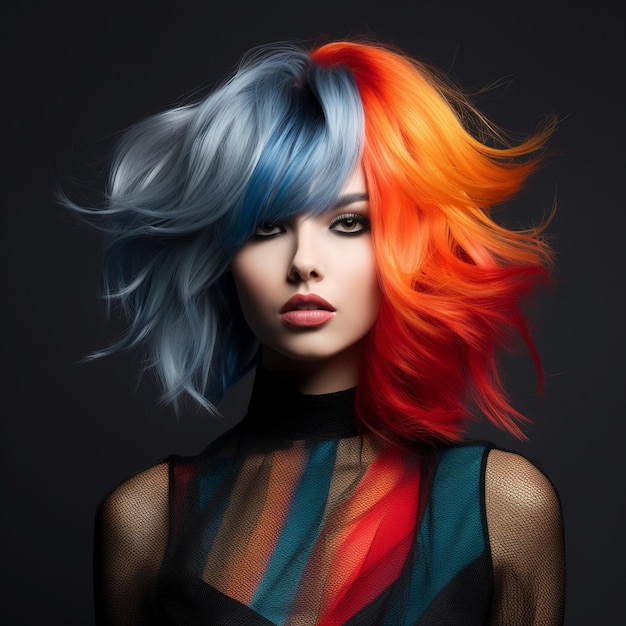 Técnica de bloqueo de color del cabello y técnica inversa con rojo, azul y negro