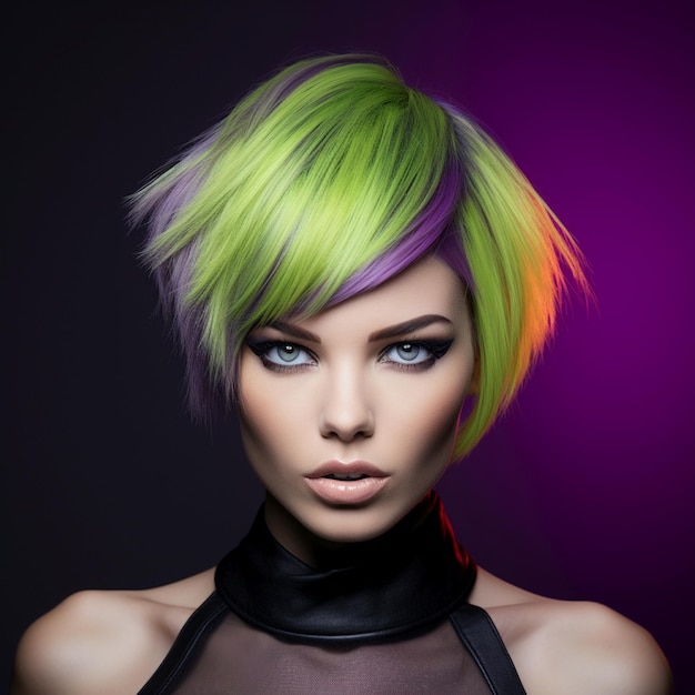 Técnica de bloqueo de color del cabello con verde lima Es muy brillante y púrpura
