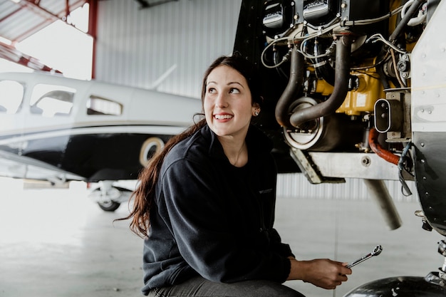 Técnica de aviação reparando o motor