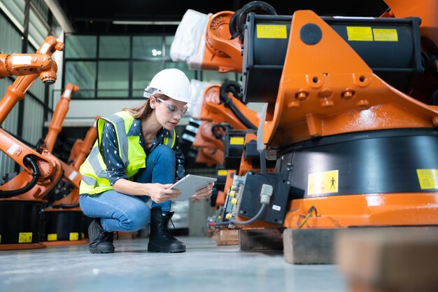Técnica Femenina Inspeccionar y reparar el brazo robótico en el hangar de robots y probar el funcionamiento de la máquina después de ser utilizada durante un tiempo, además de actualizar el software y la calibración