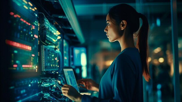 Foto técnica feminina trabalhando com servidor no data center generative ai