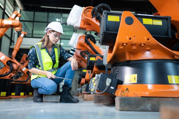 Foto técnica de inspección y reparación de brazos robóticos en el hangar de robots y prueba de la operación