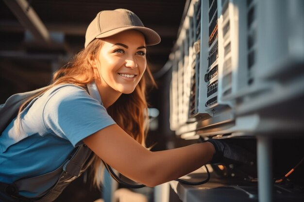 Foto técnica está reparando el aire acondicionado al aire libre