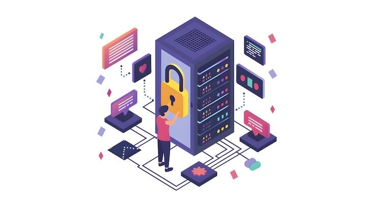 Foto técnicas de anonimización en bases de datos que aseguran la privacidad con íconos de diseño plano
