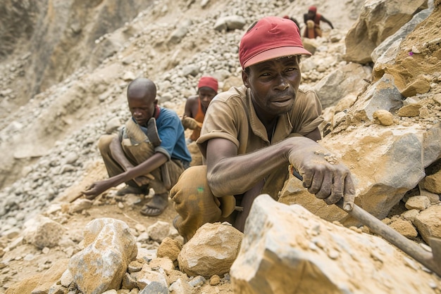 Técnicas de mineração de pedras preciosas Mineiros em locais remotos equipados com ferramentas tradicionais em busca de