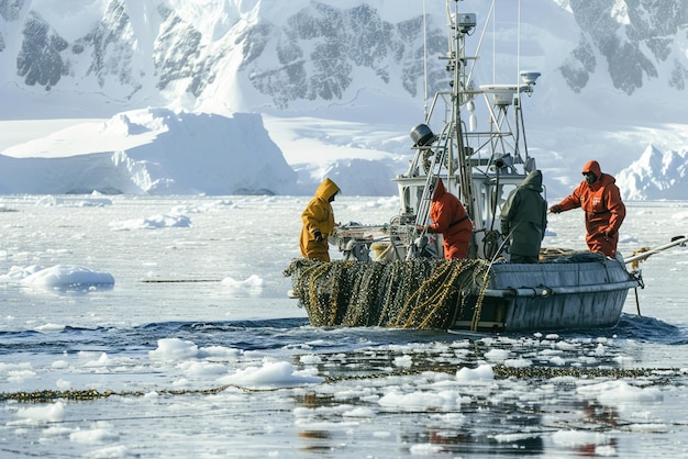 Técnicas de pesca do krill antártico Pescadores em barco em águas geladas que utilizam métodos tradicionais para