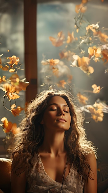 Foto técnicas de relaxamento uma mulher está praticando pranayama na posição de lótus em sua cama