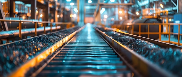 Técnicas inovadoras Close-up de correias transportadoras de resíduos de biomassa numa refinaria Dirigindo-se para a Unidade de Gestão de Resíduos Conceito Fotografia industrial Sustentabilidade ambiental Processos de reciclagem