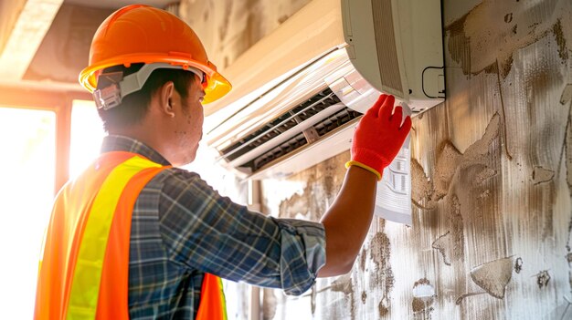 Técnico a instalar uma unidade de ar condicionado num ambiente residencial