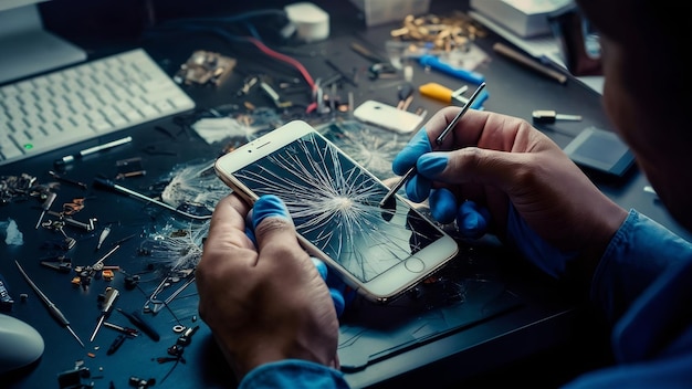 Técnico a reparar um smartphone avariado na secretária