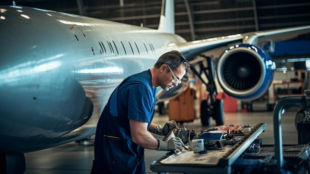 Un técnico de aeronaves está reparando una turbina