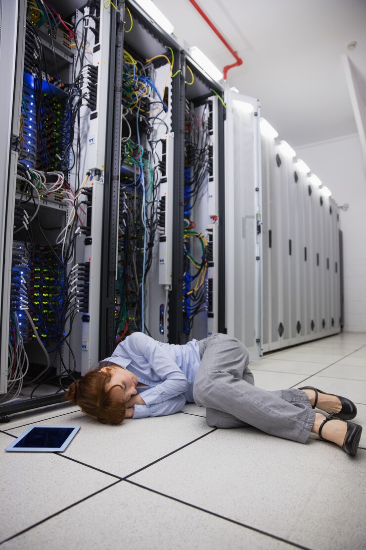 Foto técnico agotado durmiendo en el piso