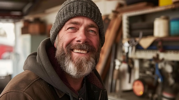 Un técnico alegre y amable con una sudadera con capucha y barba en un taller de invierno