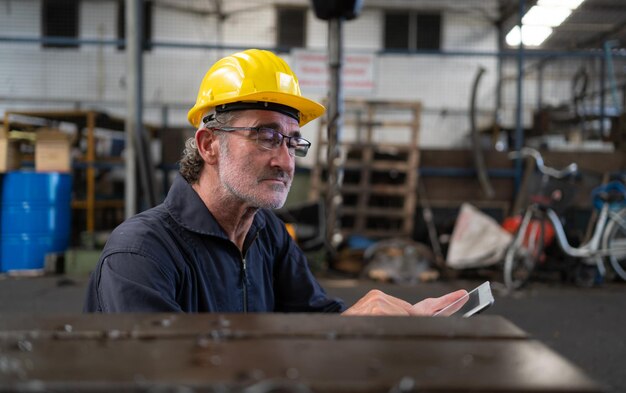 Un técnico anciano usa una computadora para probar el control de operación de una punzonadora de acero