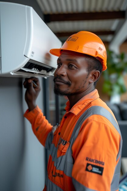 Técnico arregla el aire acondicionado montado en la pared con experiencia