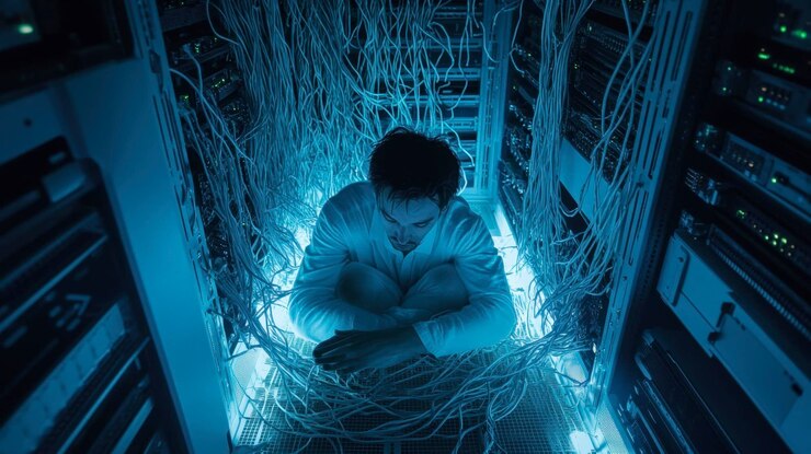 Foto técnico arreglando cables desordenados en el gabinete de datos