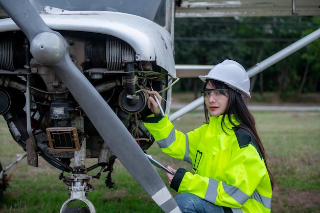 Técnico arreglando el motor del avión. Ingeniería aeroespacial femenina revisando motores de aviones. Mantenimiento mecánico asiático inspecciona el motor del avión