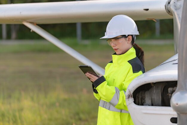 Técnico arreglando el motor del avión. Ingeniería aeroespacial femenina revisando motores de aviones. Mantenimiento mecánico asiático inspecciona el motor del avión